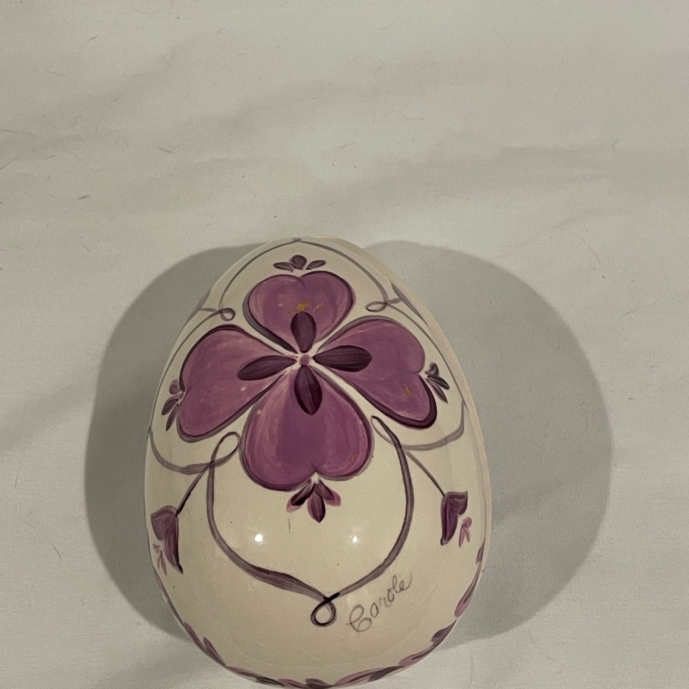 Vintage Purple Floral Hand painted Signed By Artist Egg Trinket‎ Box